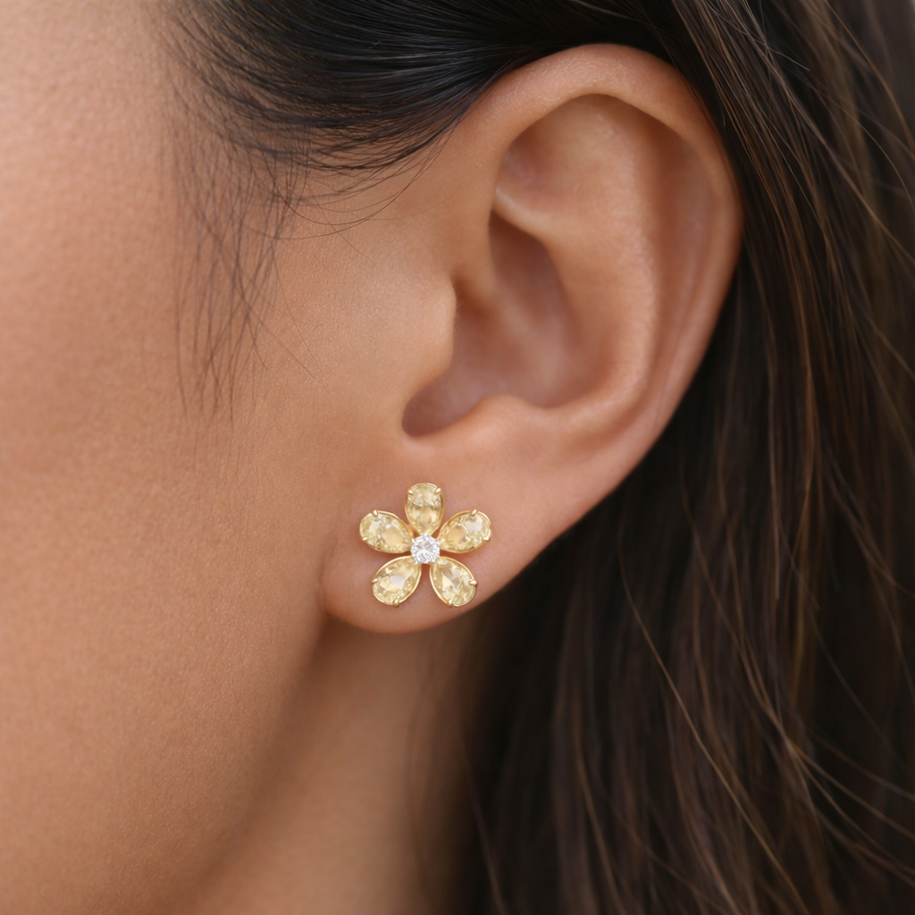 Yellow & White Diamond Flower Stud Earrings